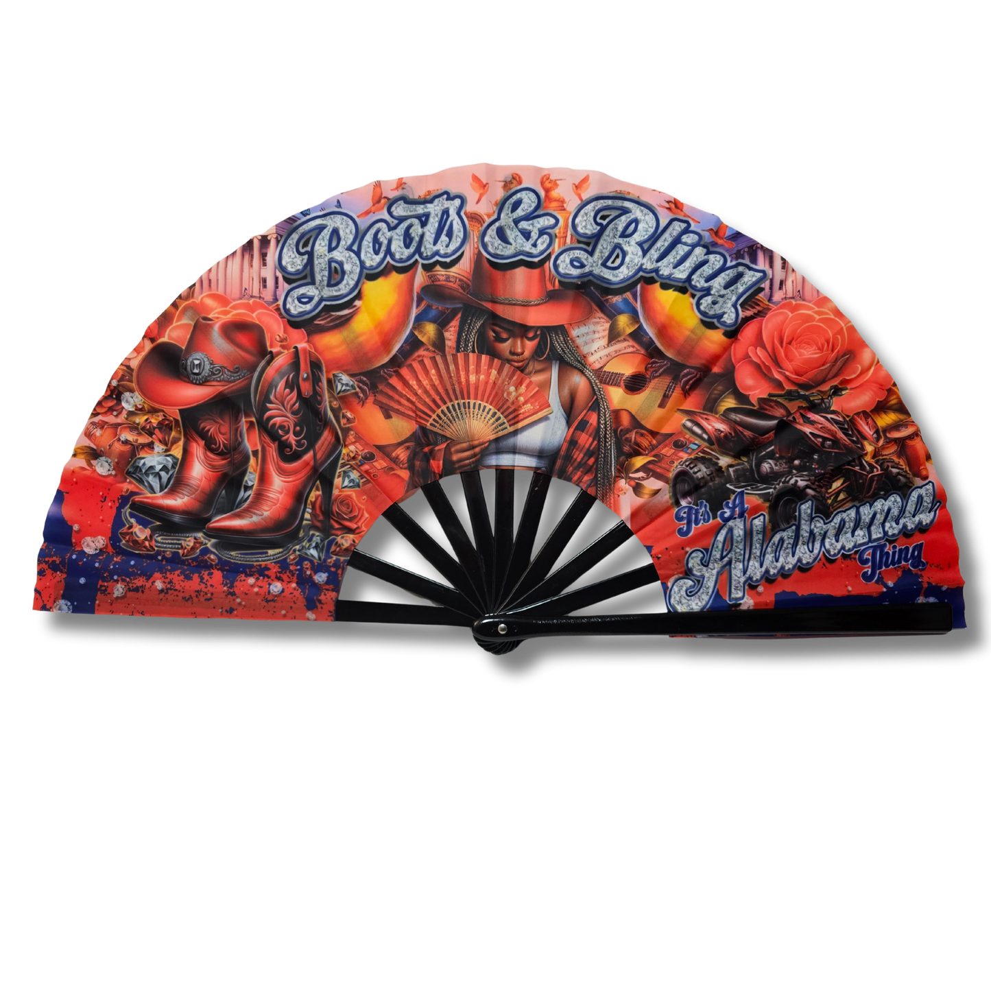 Decorative fan with 'Boots & Bling Alabama' design on a white background