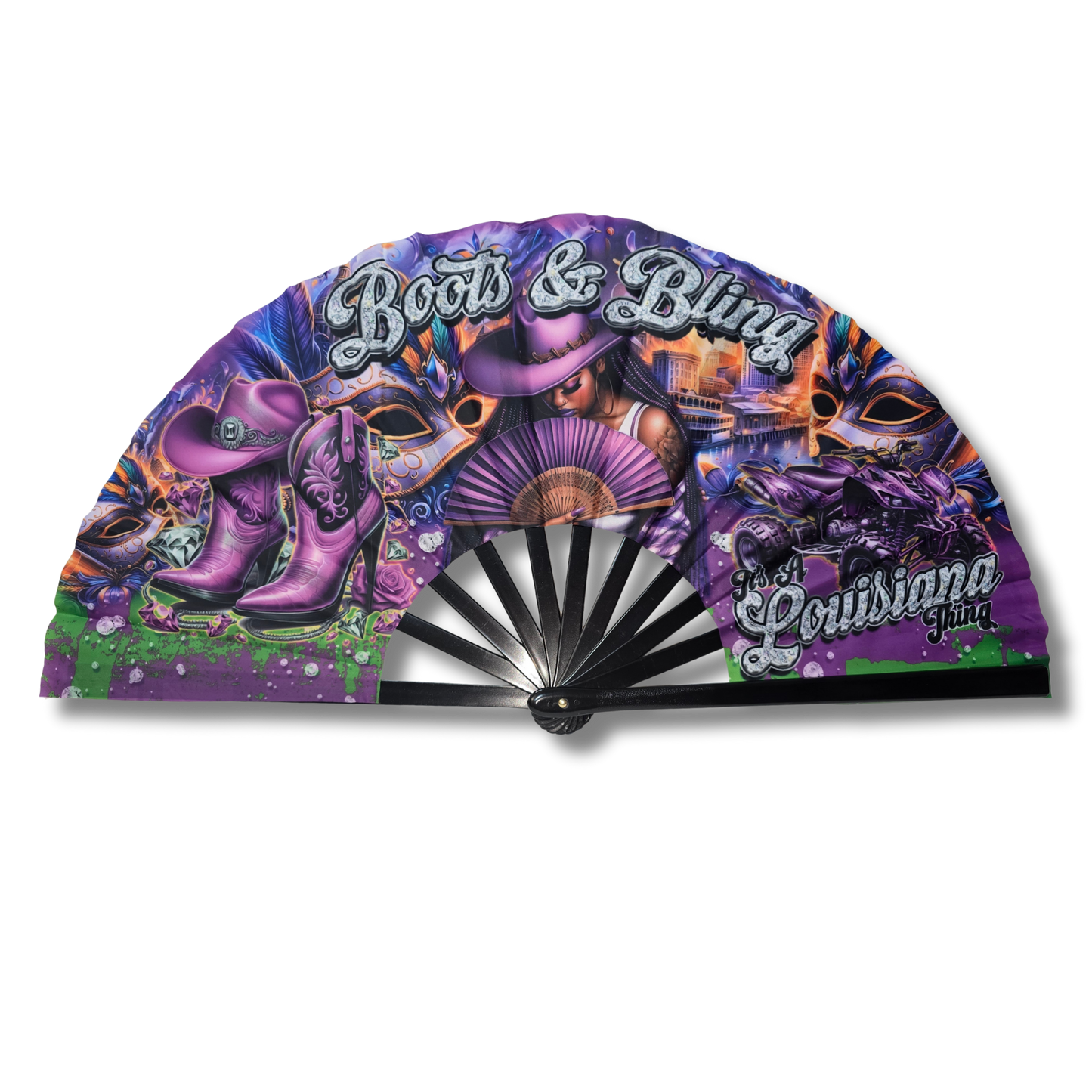 Decorative fan with 'Boots & Bling Louisiana' design on a white background