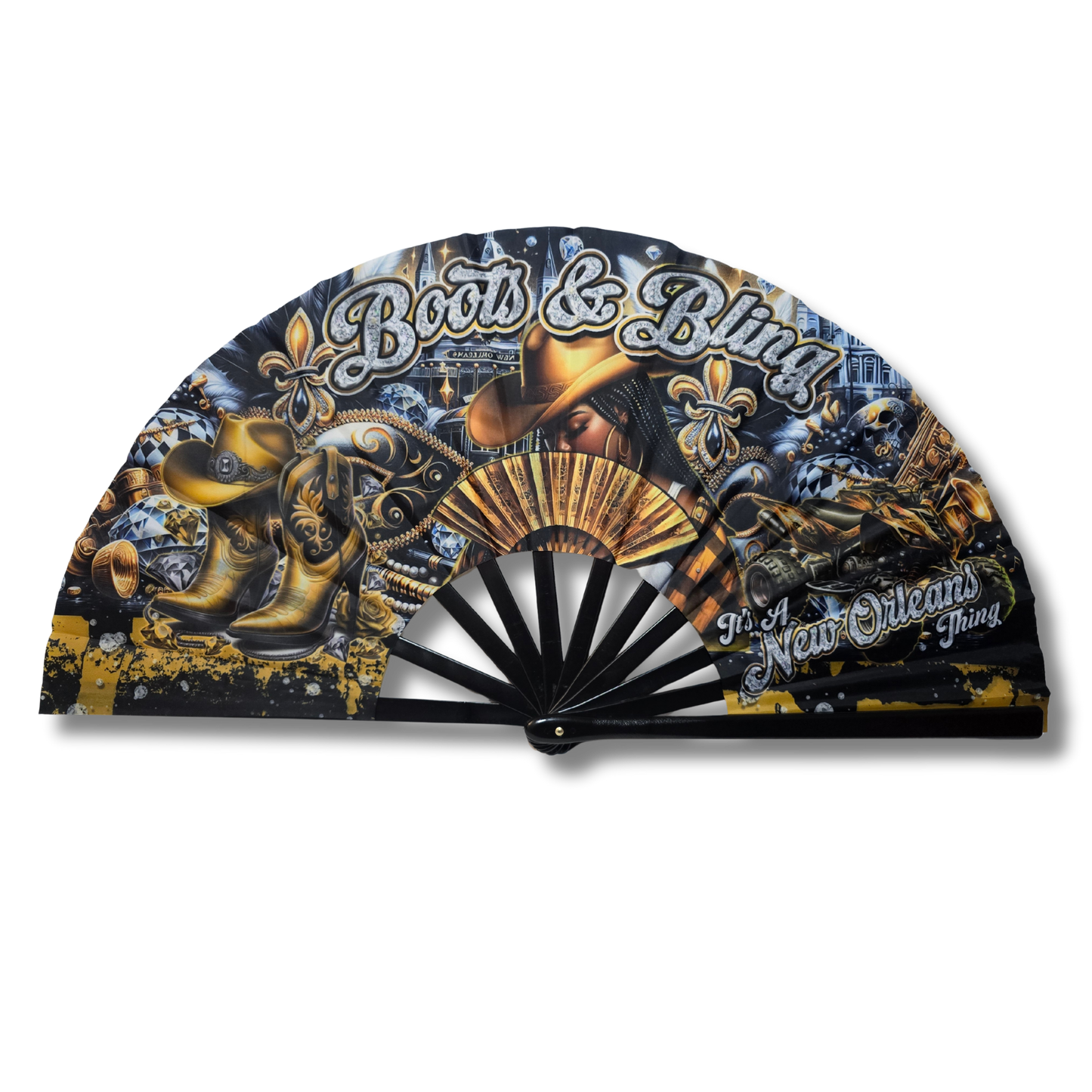 Decorative fan with New Orleans-themed design on a white background