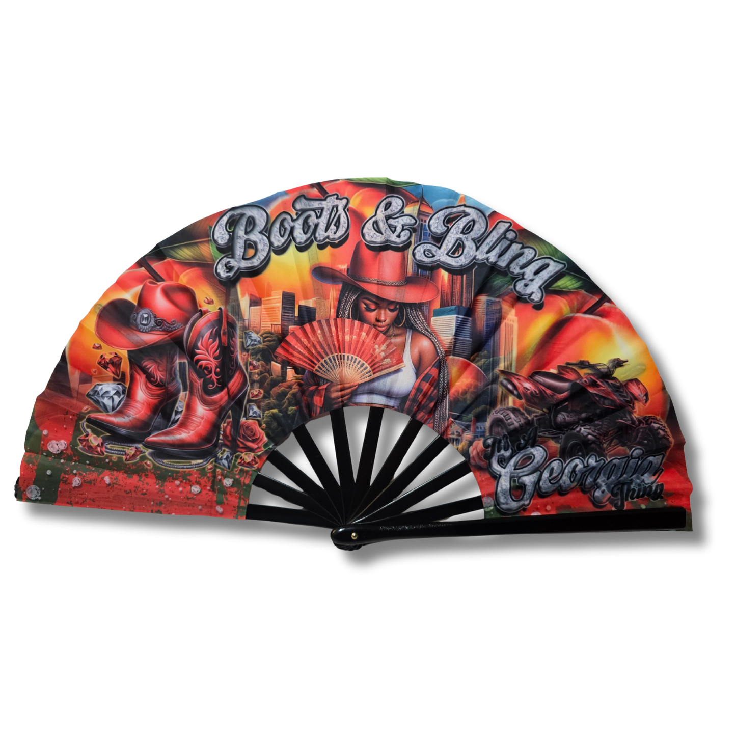 Decorative fan with 'Boots & Bling' design on a white background