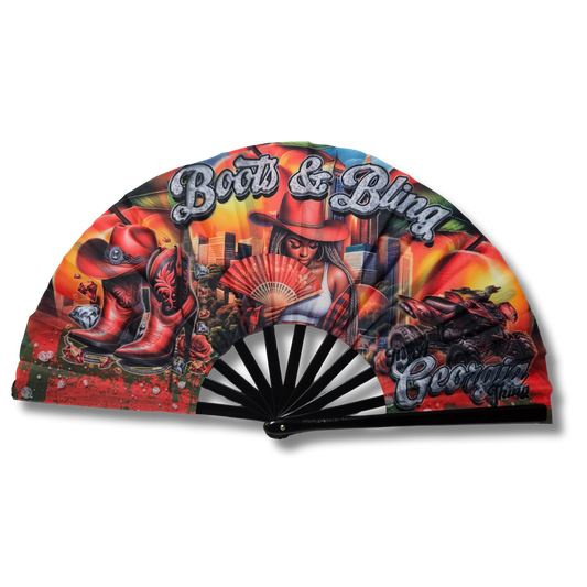 Decorative fan with 'Boots & Bling' design on a white background